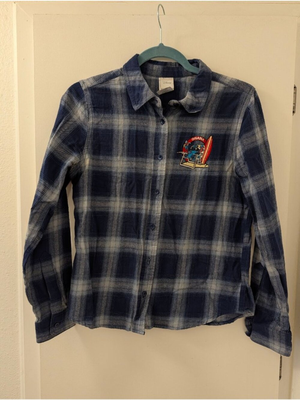 Disney Lilo & Stitch Ohana Blue Plaid Button-Up Flannel Shirt Small 100% Cotton